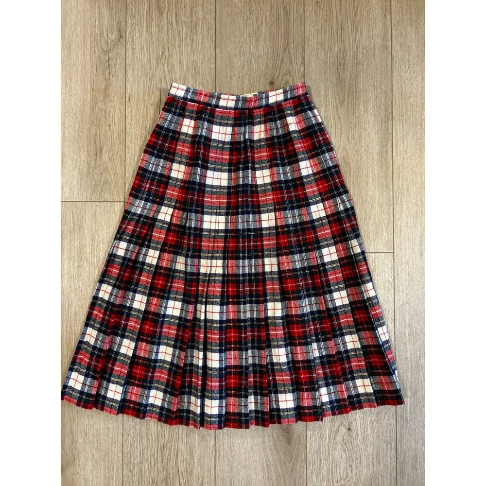 Vintage Young Pendleton Wool Wrap Kilt Skirt Red Navy Plaid Pleated Midi USA 8